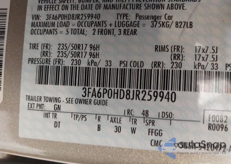 2018 Ford Fusion Se z USA, uszkodzony, nr VIN 3FA6P0HD8JR259940